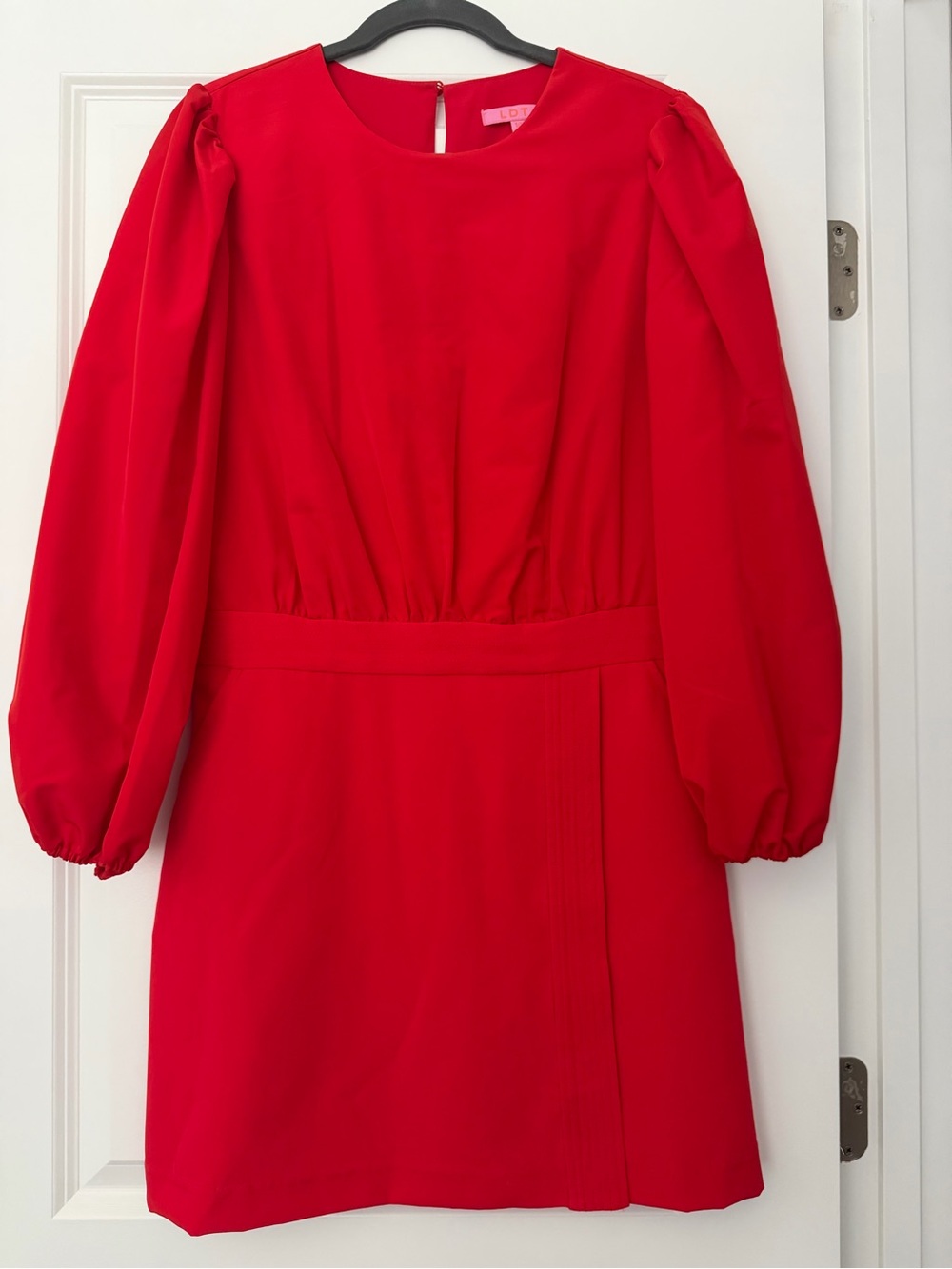 Bright Red Long-Sleeve Puff-Sleeve Waist-Defined Shift Dress